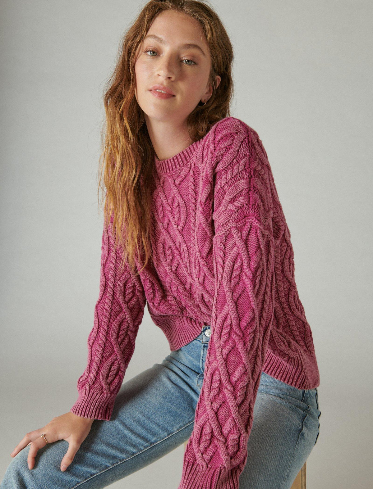 Lucky Brand Cable Stitch Pullover - Women's Clothing Outerwear Tops Sweatshirts Crewneck Pullovers Boysenberry Acid Was