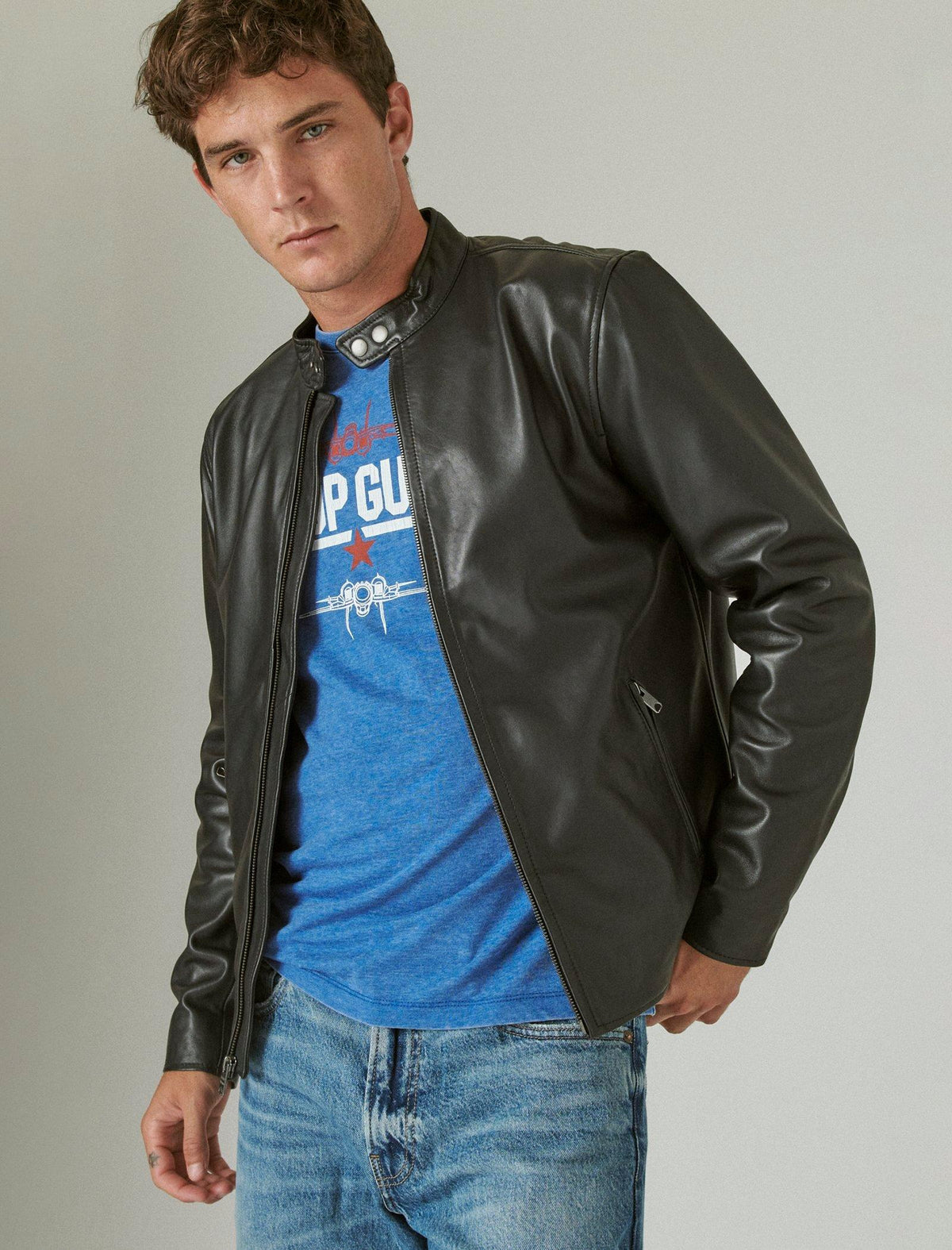 Lucky Brand Clean Leather Bonneville Jacket - Men's Clothing Outerwear Jackets Coats #001 Black