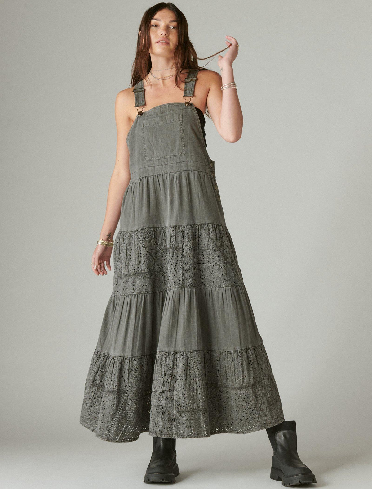 Lucky Brand Coverall Lace Schiffley Maxi Dress Raven