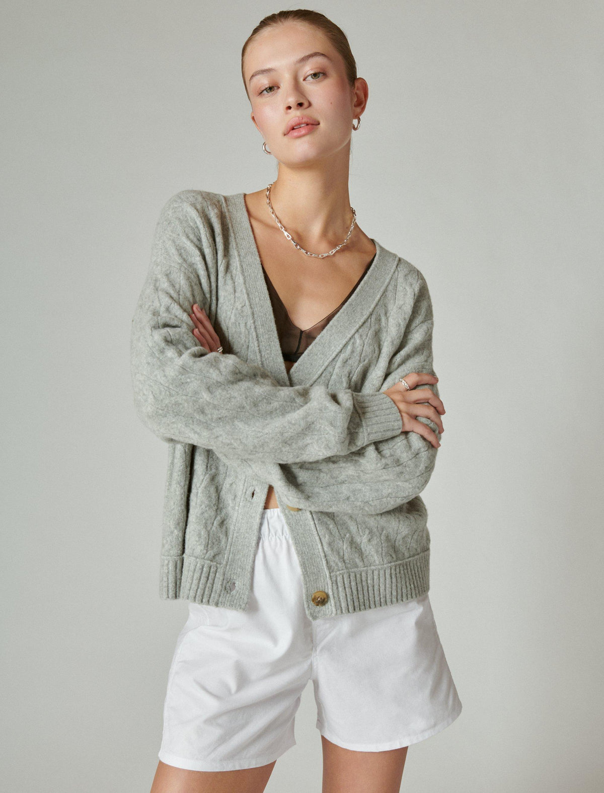 Lucky Brand Cozy Cable Stitch Cardigan - Women's Clothing Tops Sweaters Light Heather Gray