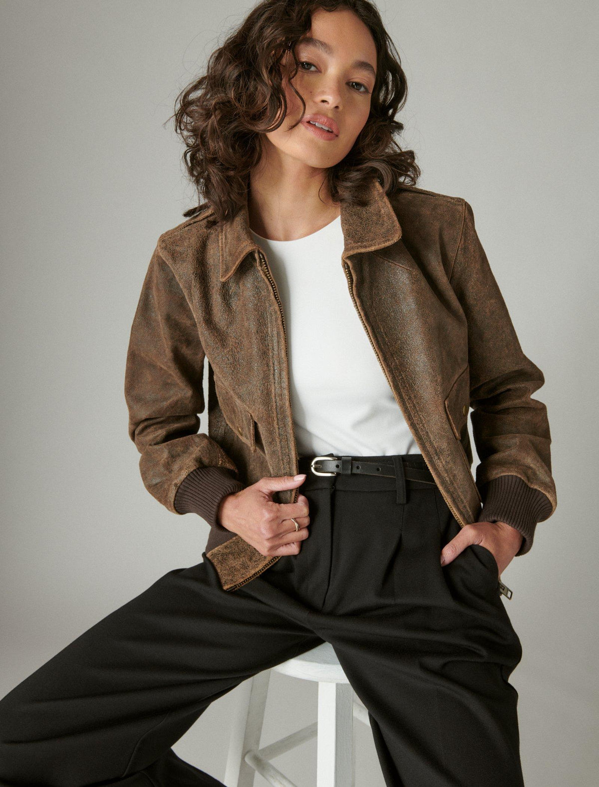 Lucky Brand Distressed Cropped Leather Bomber Jacket - Women's Clothing Outerwear Jackets Coats Brown