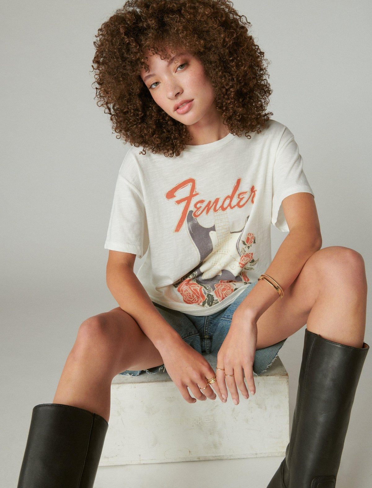 Lucky Brand Fender Roses Boyfriend Tee - Women's Clothing Tops Shirts Tee Graphic T Shirts Cloud Dancer