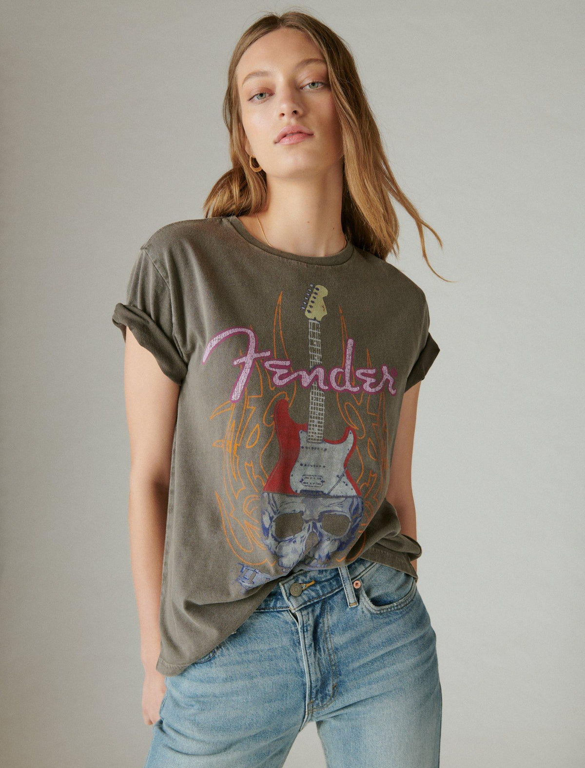 Lucky Brand Fender Skull Boyfriend Tee - Women's Clothing Tops Shirts Tee Graphic T Shirts Shale