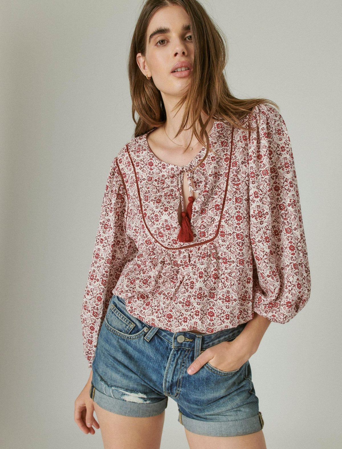 Lucky Brand Floral Peasant Blouse - Women's Clothing Peasant Tops Shirts Burgundy Multi
