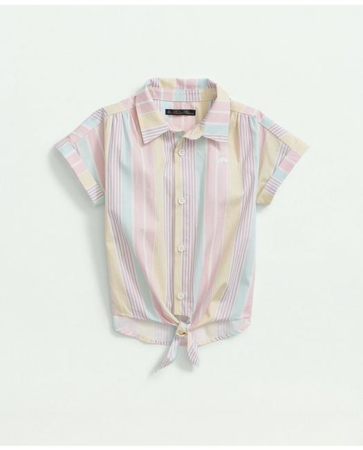 Brooks Brothers Girls Cotton Tie Front Short Sleeve Striped Shirt Pink