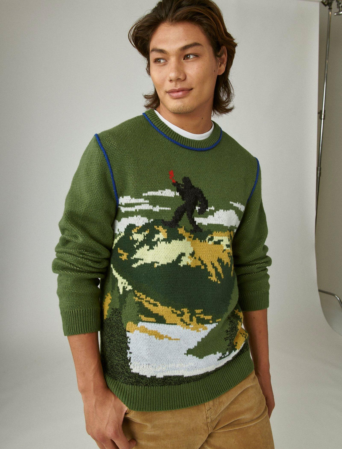 Lucky Brand Intarsia Crew Neck Sweater Winter Moss Combo