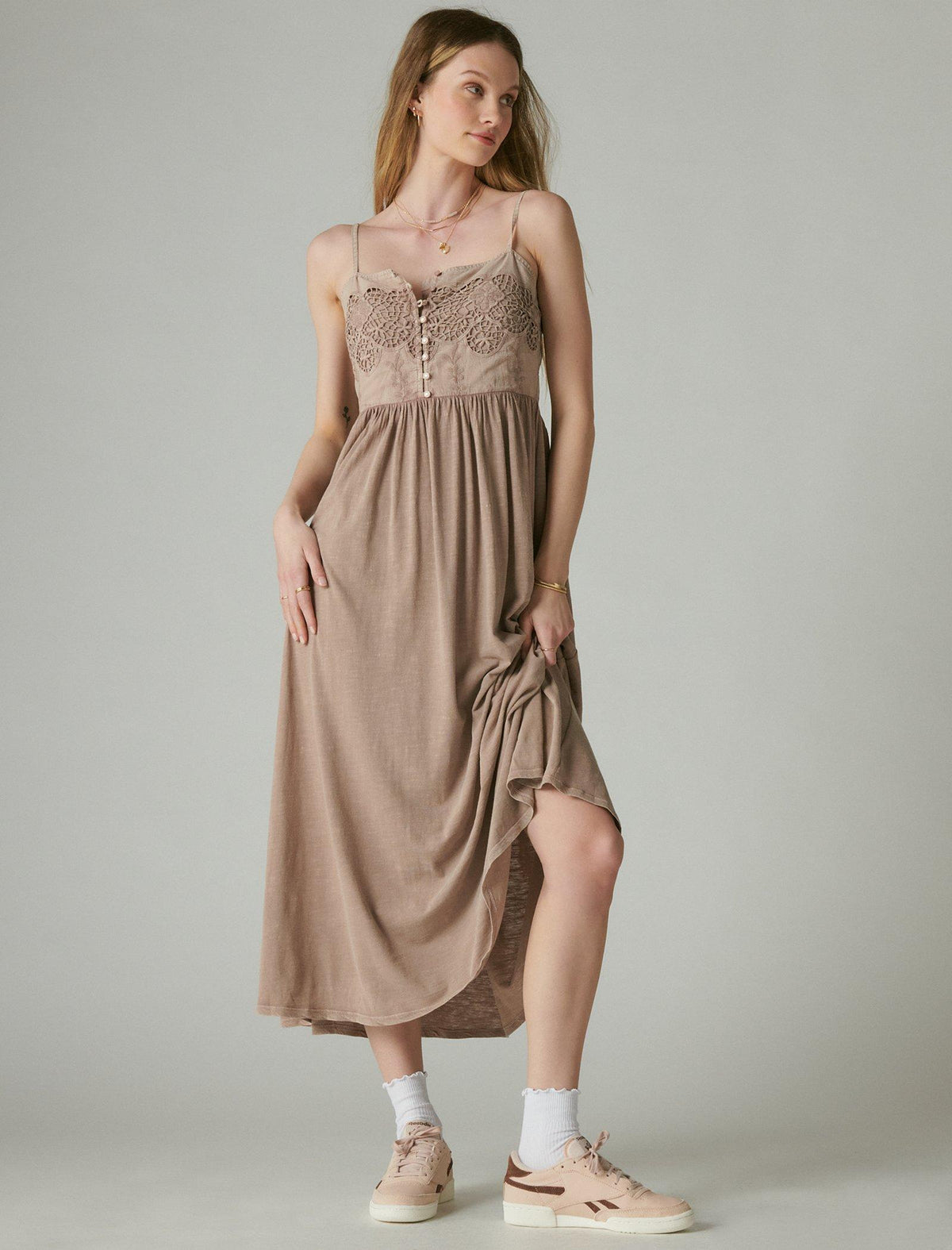 Lucky Brand Lace Button Front Midi Dress Fawn