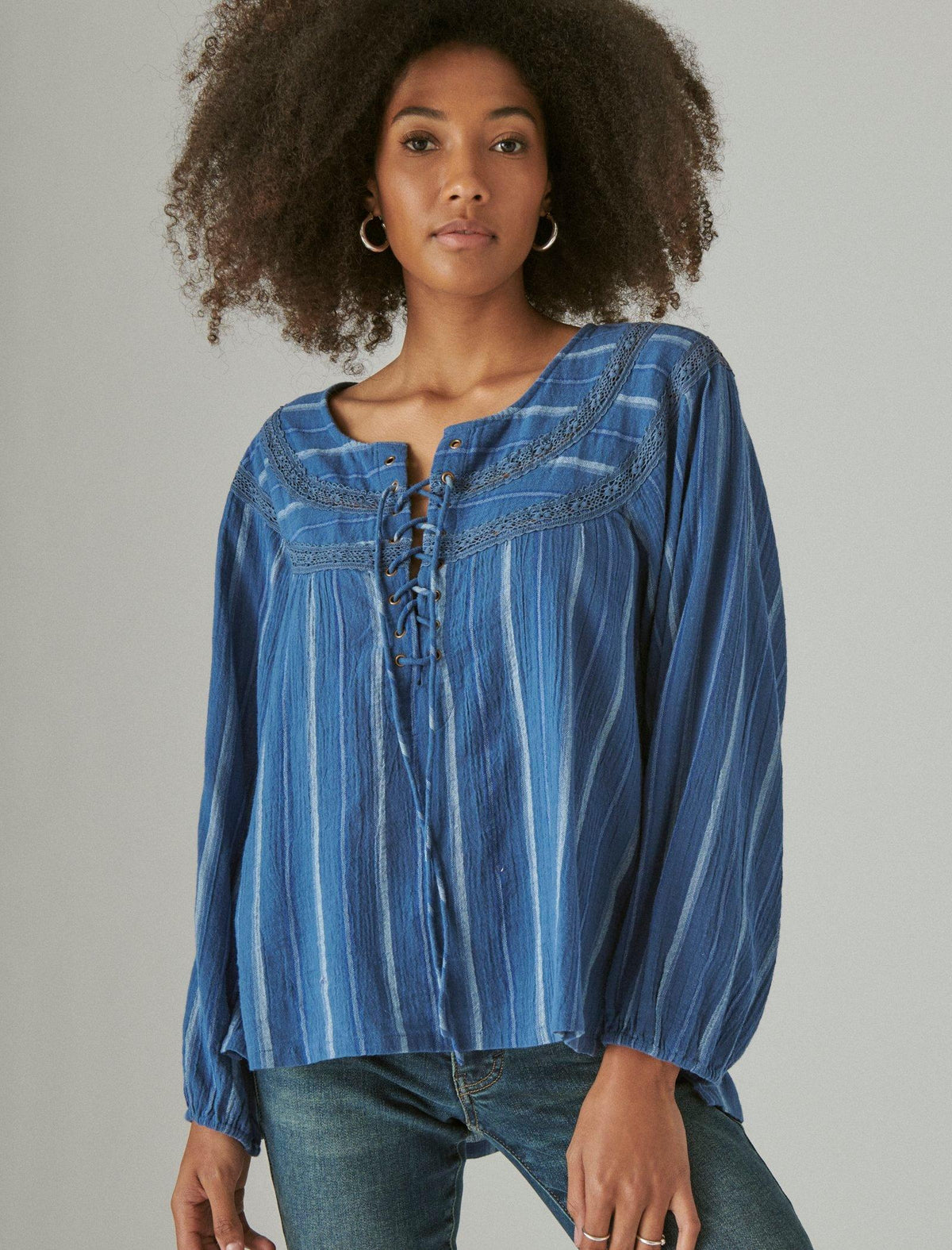 Lucky Brand Lace Up Stripe Tunic - Women's Clothing Tunic Tops Tees Shirts Blue Stripe