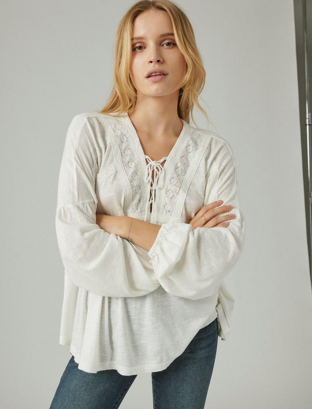 Lucky Brand Lace Up Trim Peasant Top Whisper White