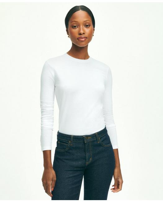 Brooks Brothers Women's Cotton Long Sleeved Crewneck Top White