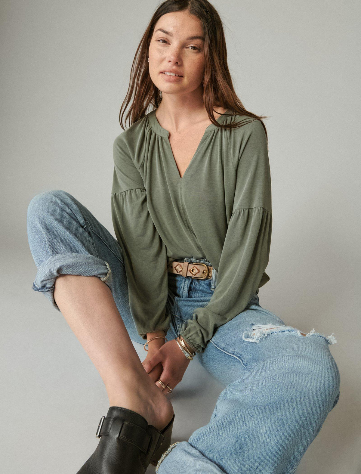 Lucky Brand Long Sleeve Notched Neck Sandwash Top - Women's Clothing Long Sleeve Tee Shirt Tops Dusty Olive