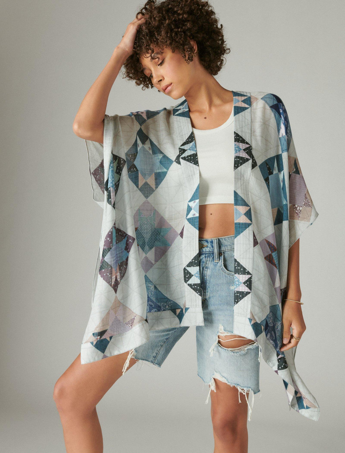 Lucky Brand Laura Ashley Printed Patchwork Kimono - Women's Clothing Outerwear Kimono Tops Shirts Cream Patchwork