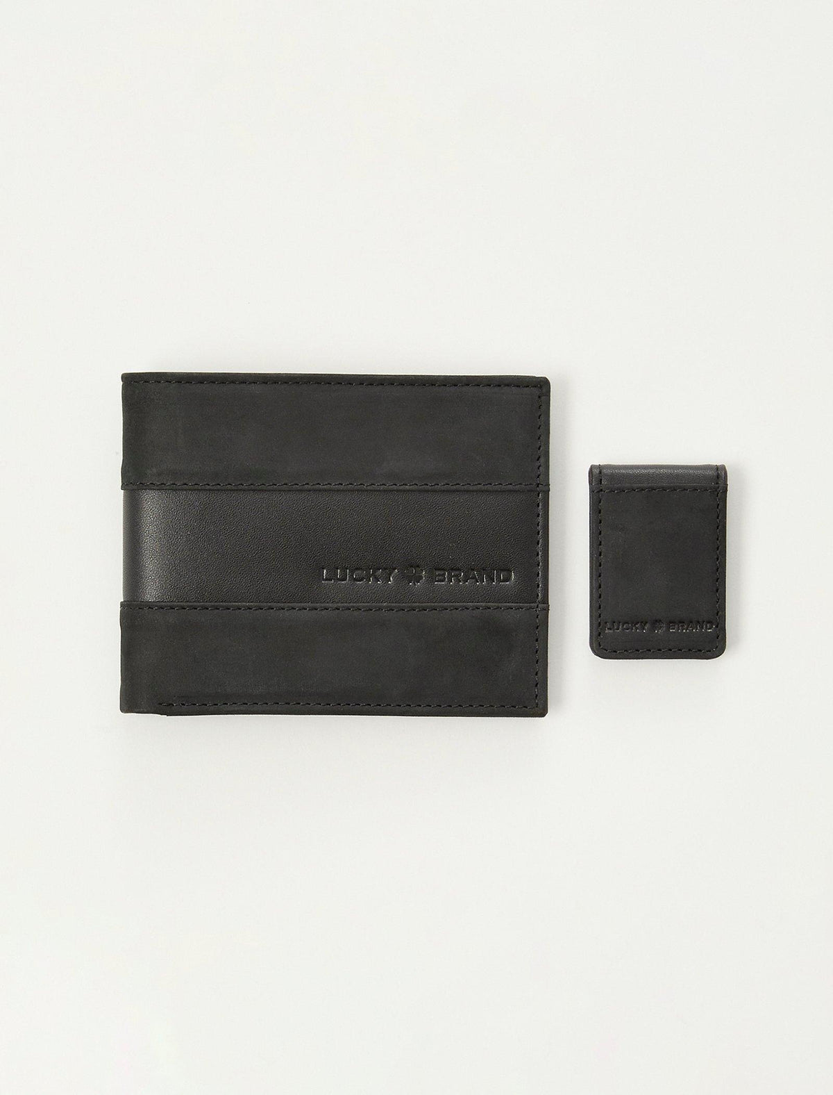 Lucky Brand Men's Leather Wallet And Money Clip Giftset Black