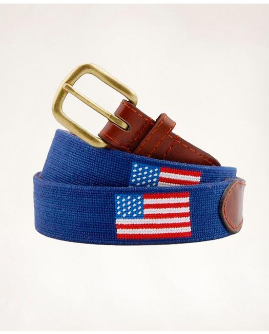 Brooks Brothers Men's Smathers & Branson Leather Needlepoint American Flag Belt Multicolor