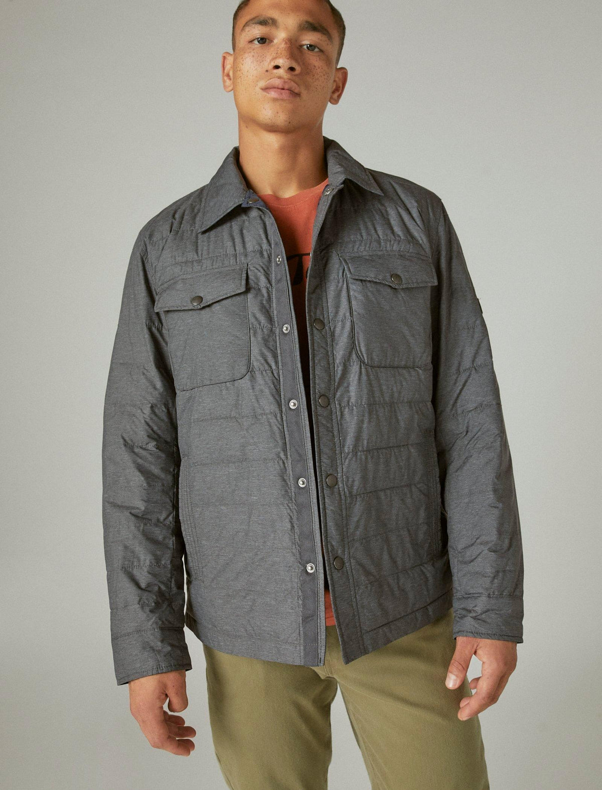 Lucky Brand Nylon Reversible Puffer Shirt Jacket - Men's Clothing Outerwear Jackets Coats Navy Charcoal Multi