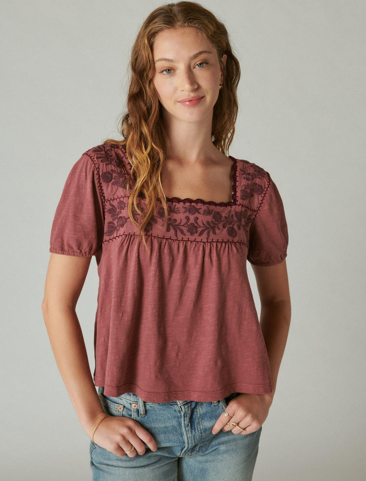Lucky Brand Overdyed Embroidered Peasant Top - Women's Clothing Peasant Tops Shirts Apple Butter