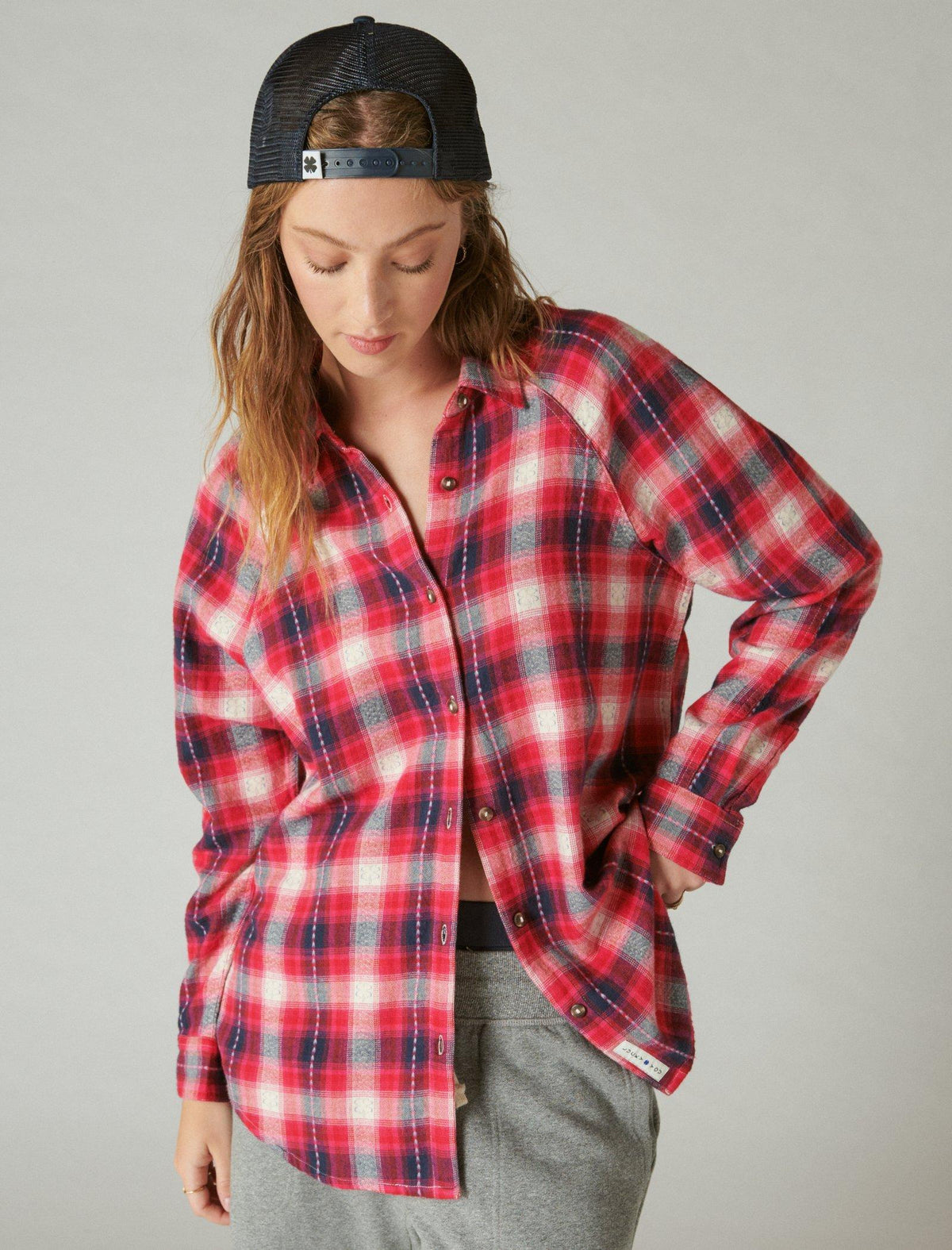 Lucky Brand Oversized Plaid Tunic - Women's Clothing Tunic Tops Tees Shirts Red Clover Plaid