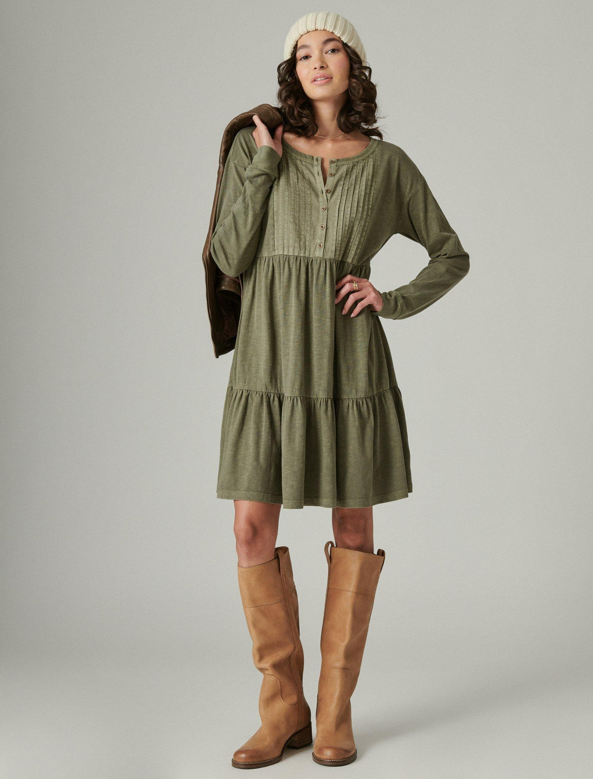 Lucky Brand Pintuck Tiered Knit Henley Dress - Women's Clothing Dresses Dusty Olive