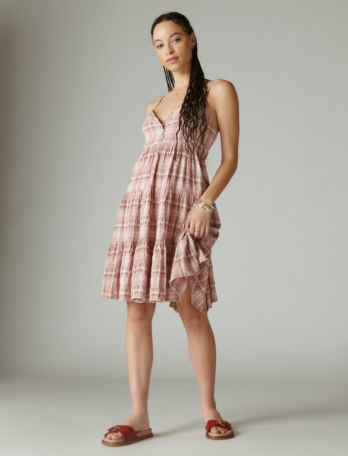 Lucky Brand Plaid Button Front Tiered Mini Dress Ash Rose Plaid