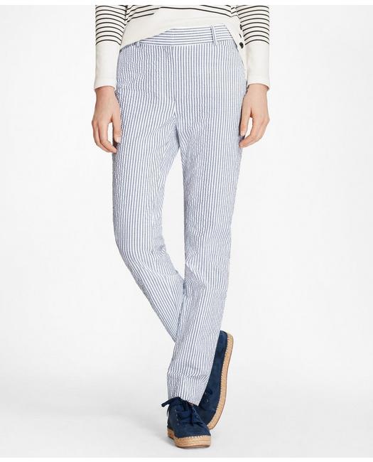 Brooks Brothers Women's Striped Stretch Cotton Seersucker Pants Blue/White