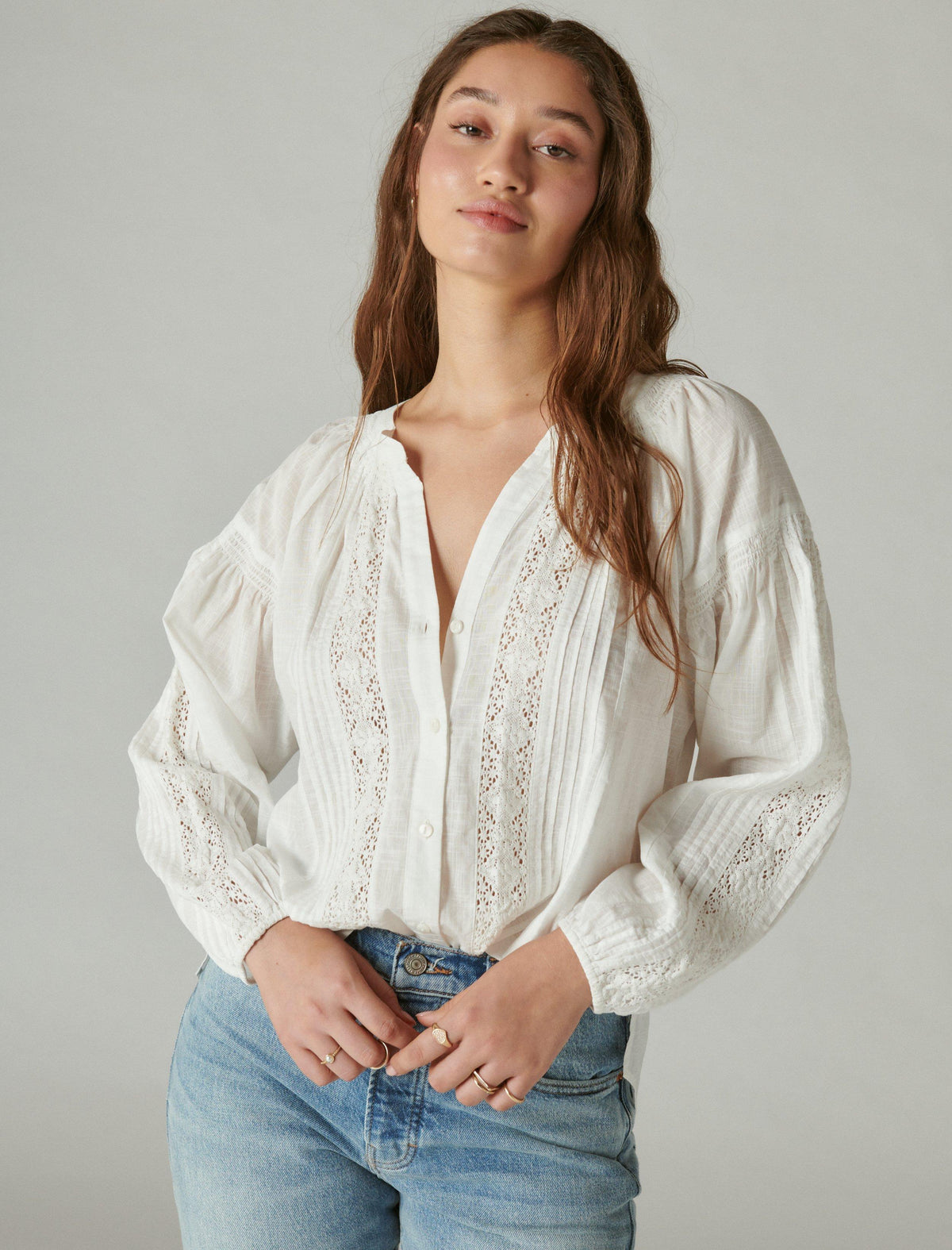 Lucky Brand Relaxed Lace Open Neckshirt - Women's Clothing Button Down Tops Shirts Bright White