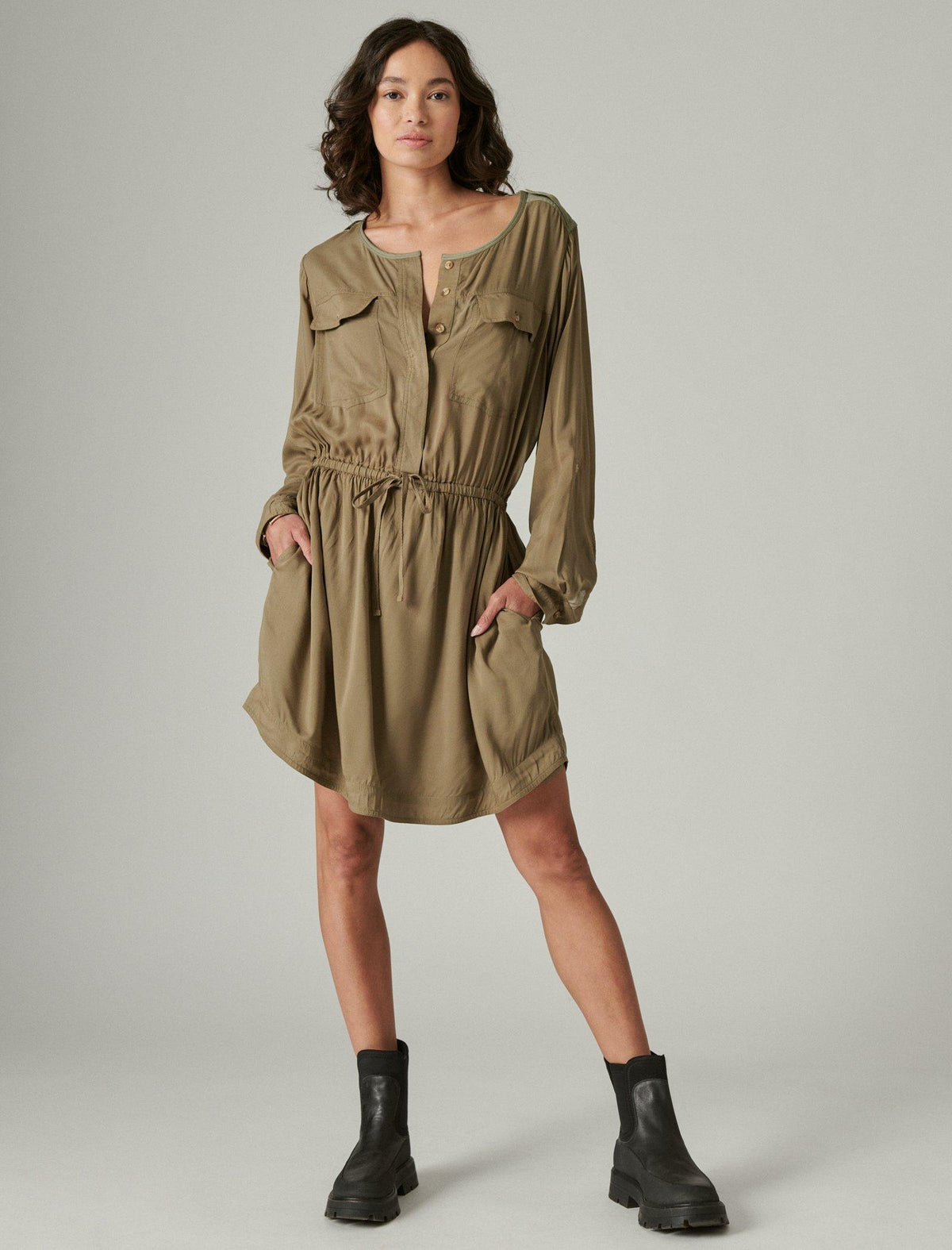 Lucky Brand Relaxed Surplus Shirtdress - Women's Clothing Dresses Shirt Midi Dress Olive