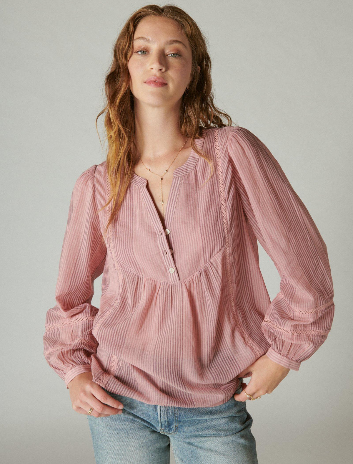 Lucky Brand Smocked Button Through Blouse - Women's Clothing Blouses Tops Dress Shirts Zephyr Pink Stripe