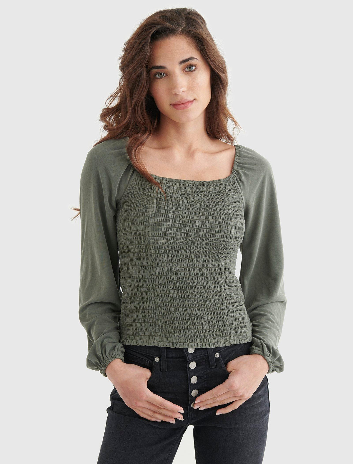Lucky Brand Smocked Square Neck Knit Top - Women's Clothing Knit Tops Tee Shirts Olive