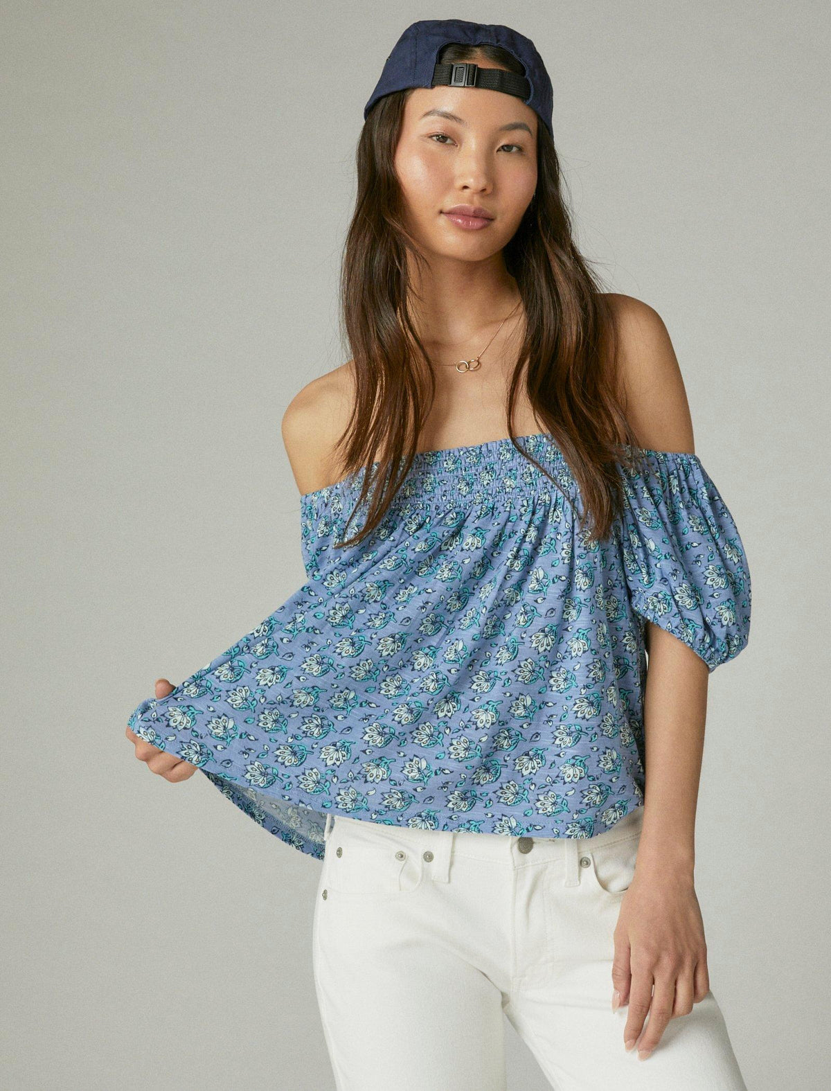 Lucky Brand Square Neck Printed Top - Women's Clothing Tops Tees Shirts Blue Multi