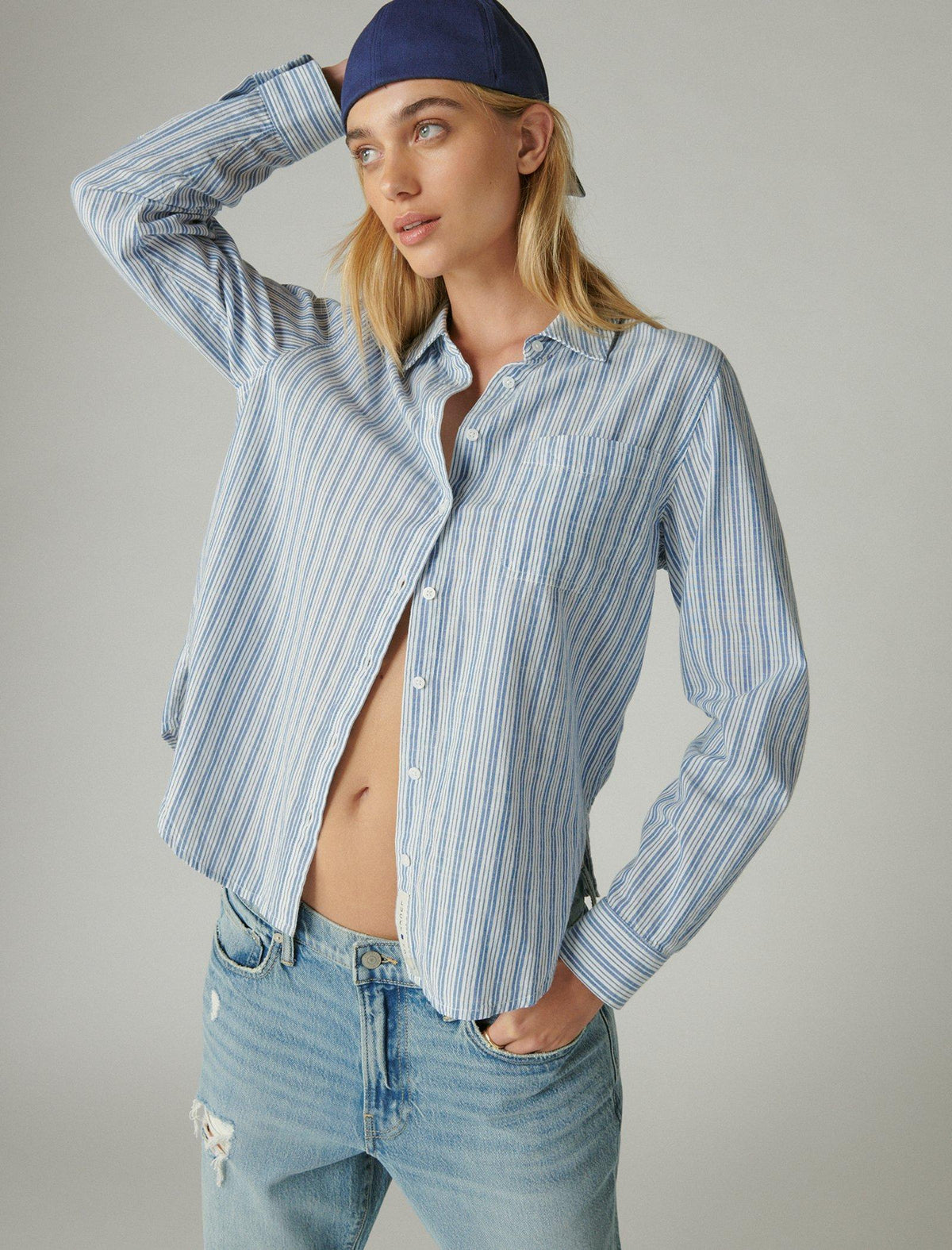 Lucky Brand Striped Boyfriend Button Down - Women's Clothing Button Down Tops Shirts Blue Stripe