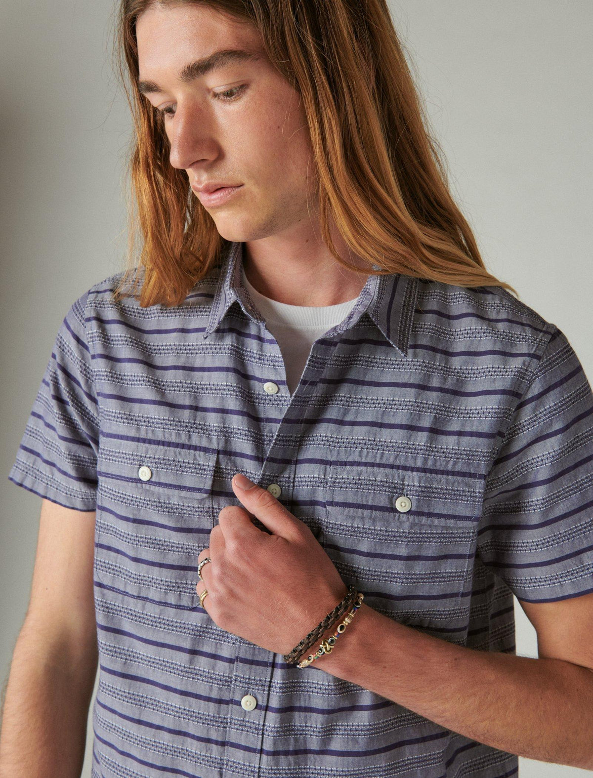 Lucky Brand Striped Short Sleeve Utility Shirt Blue Stripe