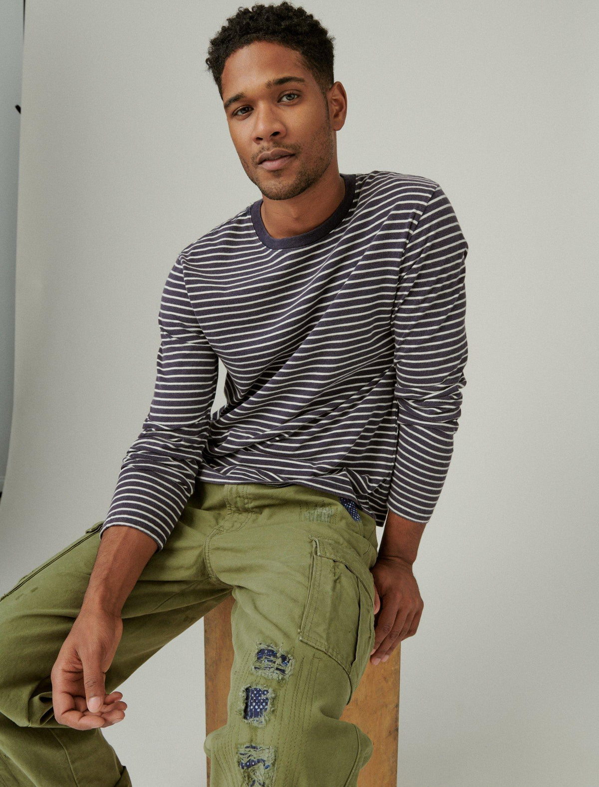 Lucky Brand Sueded Variagated Long Sleeve Stripe Crew - Men's Clothing Tops Crewneck T-Shirt Multi