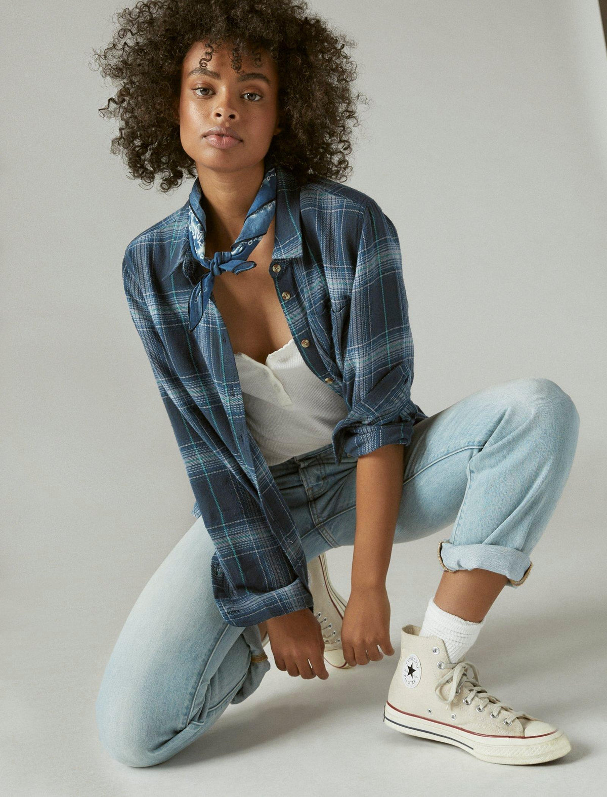 Lucky Brand The Plaid Boyfriend Flannel Button-Down Shirt - Women's Clothing Tops Flannels Plaid Shirts Indigo Plaid