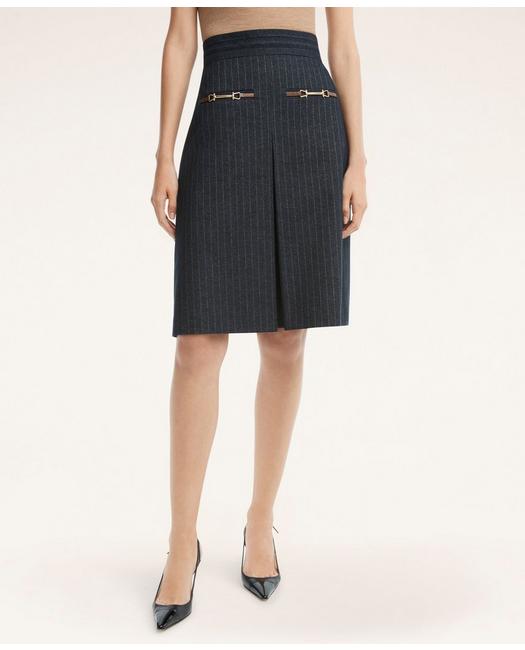 Brooks Brothers Women's Cotton Pleated A-Line Skirt Navy