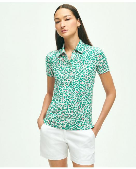 Brooks Brothers Women's Leopard Print Jersey Knit Polo Shirt Pink/Green