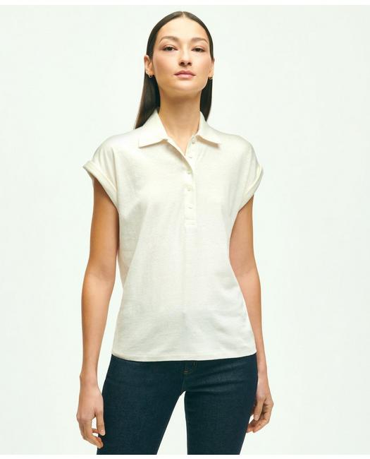 Brooks Brothers Women's Linen-Cotton Blend Cap-Sleeve Polo Shirt Ivory