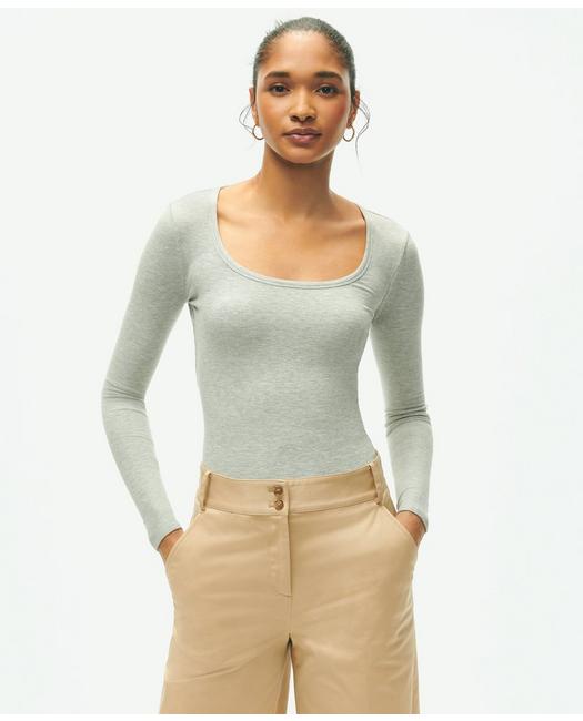 Brooks Brothers Women's Long Sleeve Jersey Ribbed Scoop Neck Top Light Grey Heather