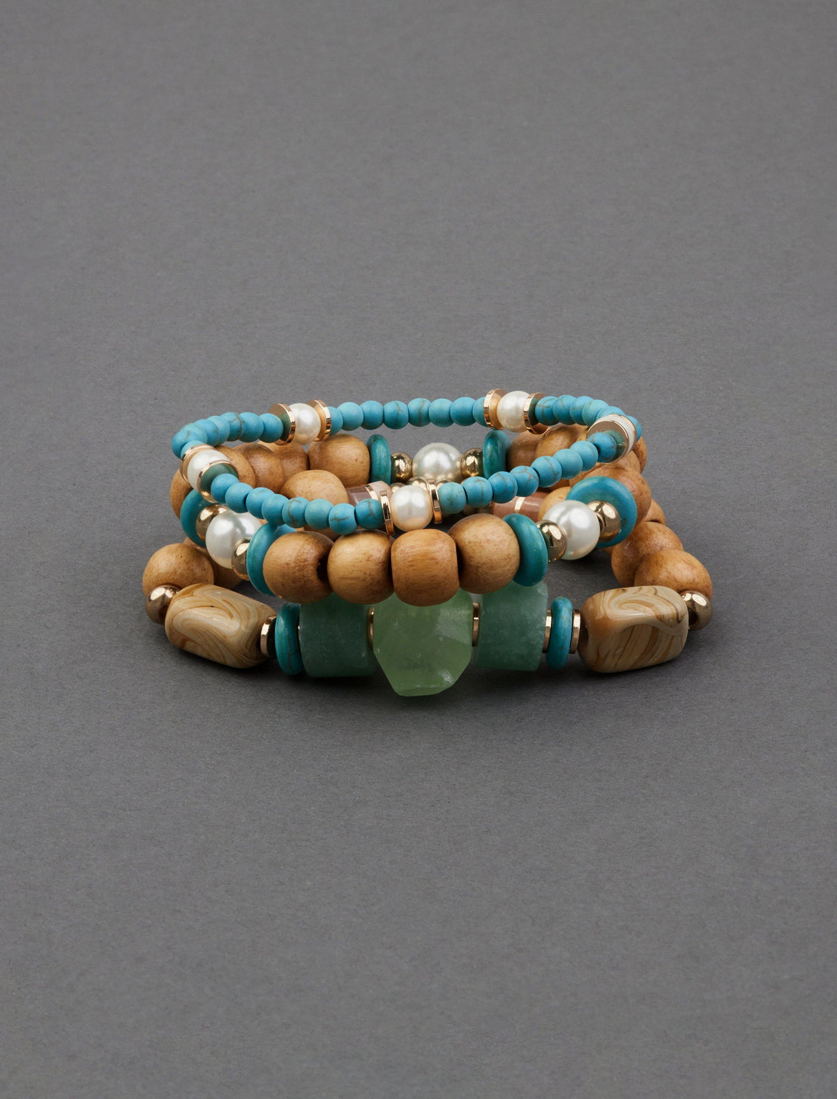 Lucky Brand Wood And Turquoise Beaded Bracelet Set Gold