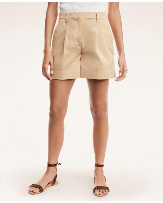 Brooks Brothers Women's Cotton High-Waisted Pleated Shorts Dark Beige