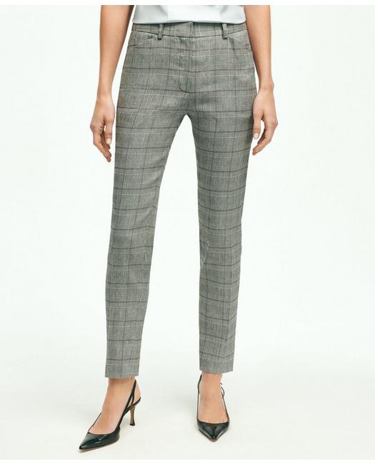 Brooks Brothers Women's Linen Blend Glen Plaid Pants Light Grey