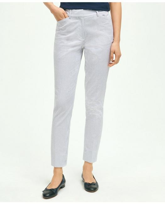 Brooks Brothers Women's Stretch Cotton Seersucker Cropped Pants Blue/Ivory