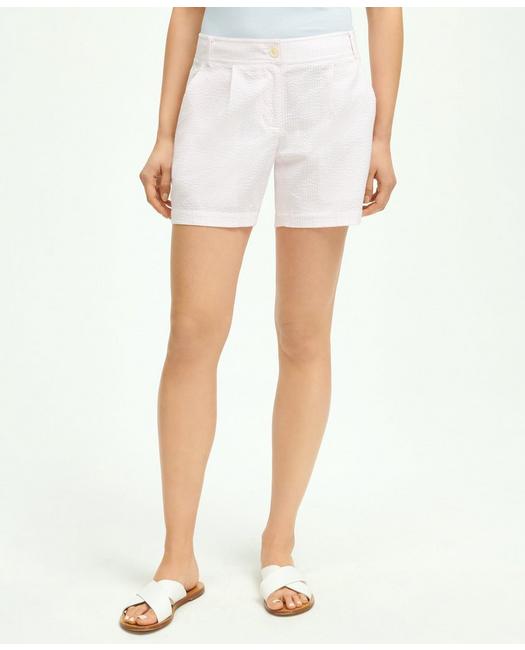 Brooks Brothers Women's Stretch Cotton Pleated Seersucker Shorts Pink
