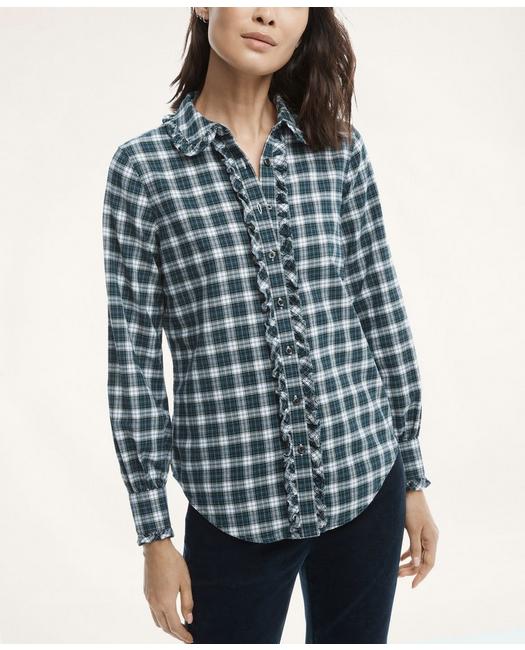 Brooks Brothers Women's Classic Fit Cotton Wool Ruffle Flannel Shirt Green