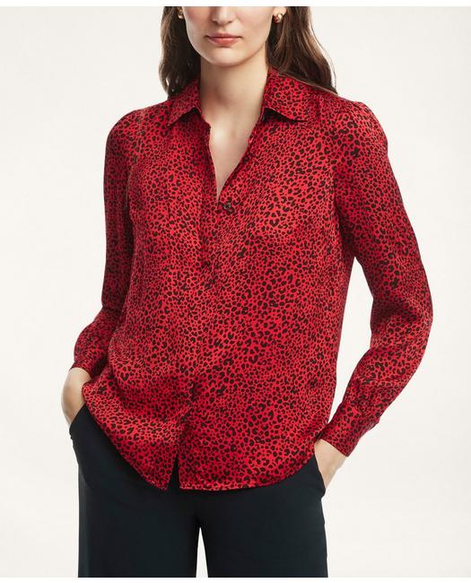 Brooks Brothers Women's Satin Printed Bow Blouse Red