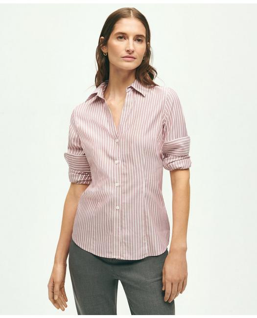 Brooks Brothers Women's Fitted Stretch Supima Cotton Non-Iron Double Stripe Shirt Brick Red