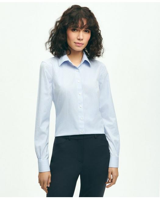 Brooks Brothers Women's Fitted Stretch Supima Cotton Non-Iron Mini Stripe Dress Shirt Light Blue