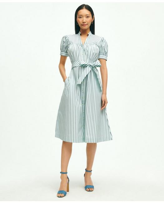 Brooks Brothers Women's Supima Cotton Fit & Flare Stripe Shirt Dress Aqua