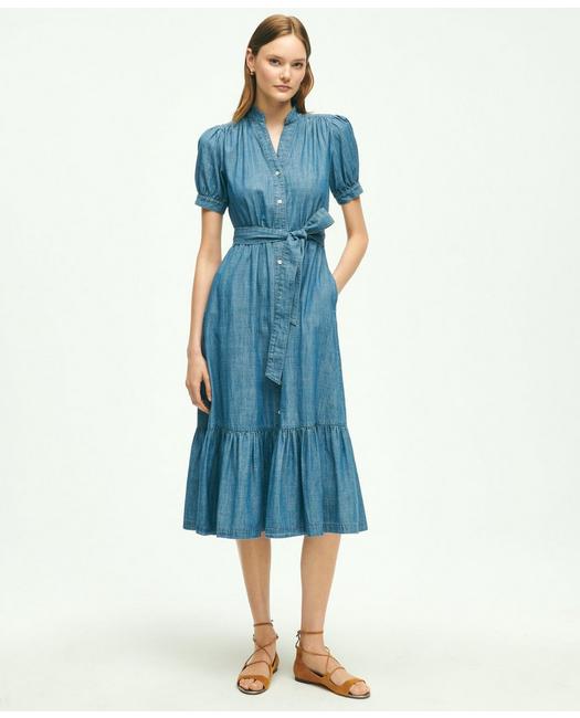 Brooks Brothers Women's Chambray Puff Sleeve Shirt Dress Light Blue