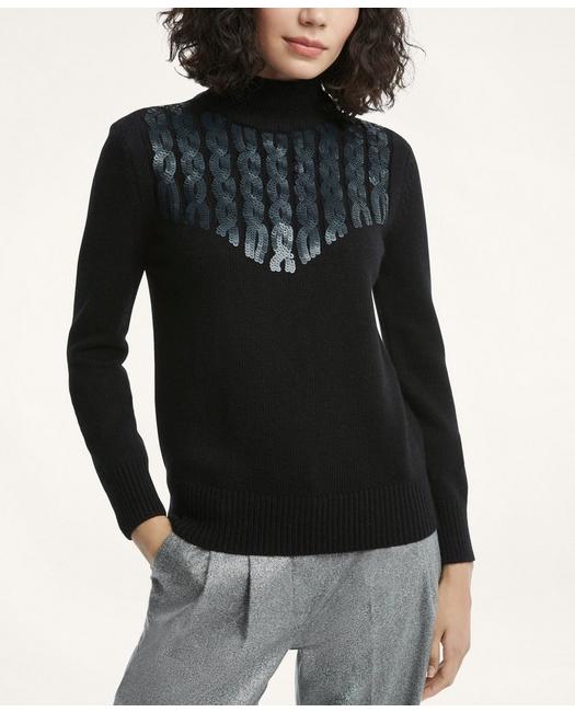 Brooks Brothers Women's Merino Wool Sequin Mock Neck Buttoned Sweater Black