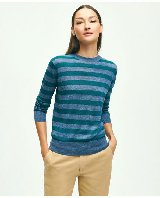 Brooks Brothers Women's Linen Striped Crewneck Sweater Blue